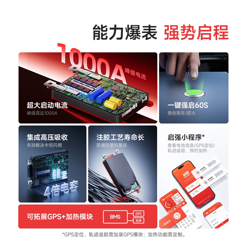 达锂BMS | 铁锂12V/100V汽车启动保护板｜60秒极速强启｜防闪屏+蓝牙智控｜抗1000A峰值｜GPS/加热拓展