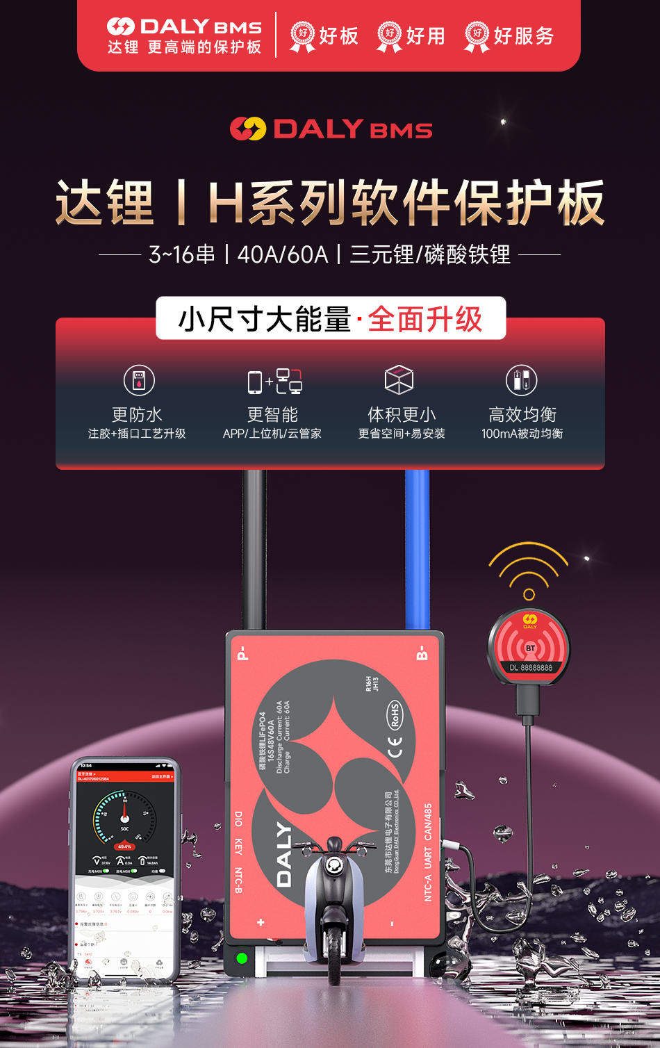 达锂BMS | H系列智能软件保护板｜防水升级+三端智控｜小体积易安装｜100mA高效均衡｜40A/60A  | 316S多兼容