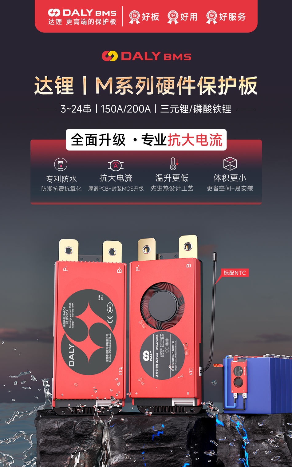 达锂BMS | M系列硬件保护板｜注胶防水抗大电流｜150A/200A强悍输出｜324S全兼容｜工业级温控