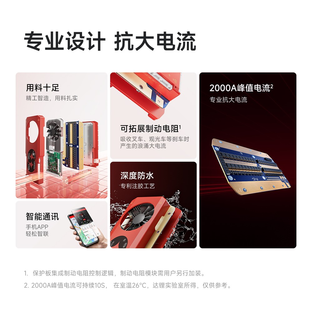 达锂BMS |超大电流智能保护板｜2000A峰值过流｜8~24S｜600~800A｜专利防水工艺｜三端智控｜大型设备专用