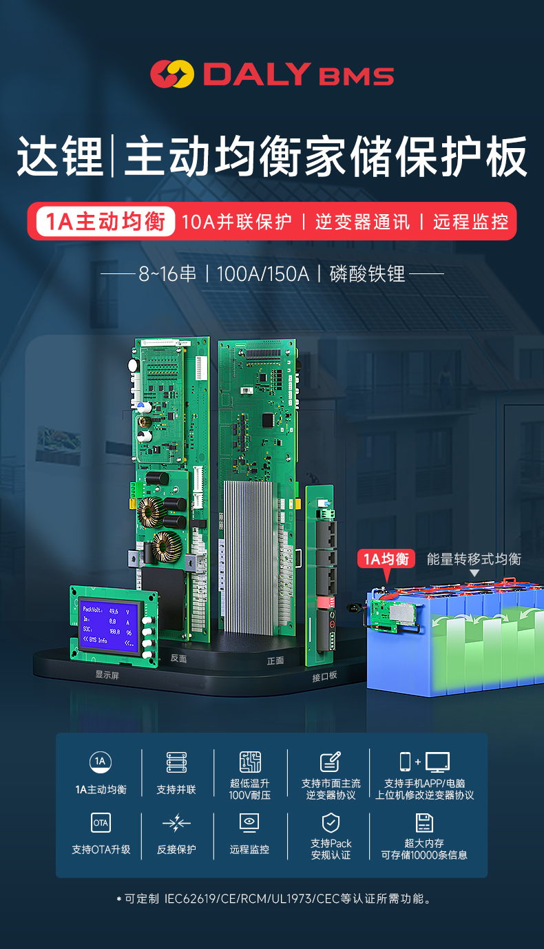 达锂BMS | 主动均衡家储保护板｜1A主动均衡｜100A/150A｜8~16S｜24V/48S｜云平台+三端智控｜逆变器全兼容